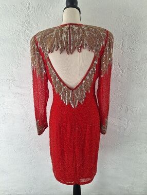 Vintage NiteLine Red Gold Silk Sequin Beaded Back Cutout Long Sleeve Dress 8